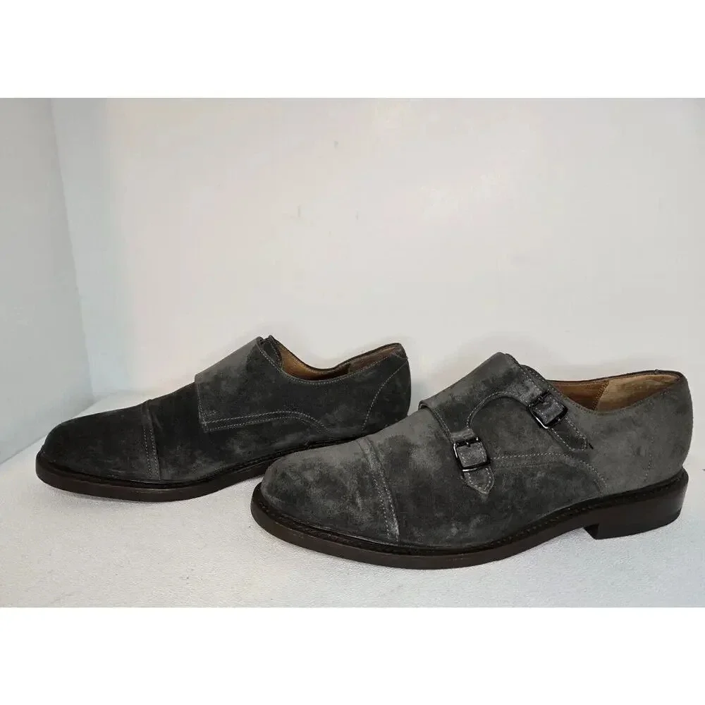 Men Frye James Double Monk Strap Loafers 81123 Sz 8.5 D Gray Suede Cap Toe Shoes